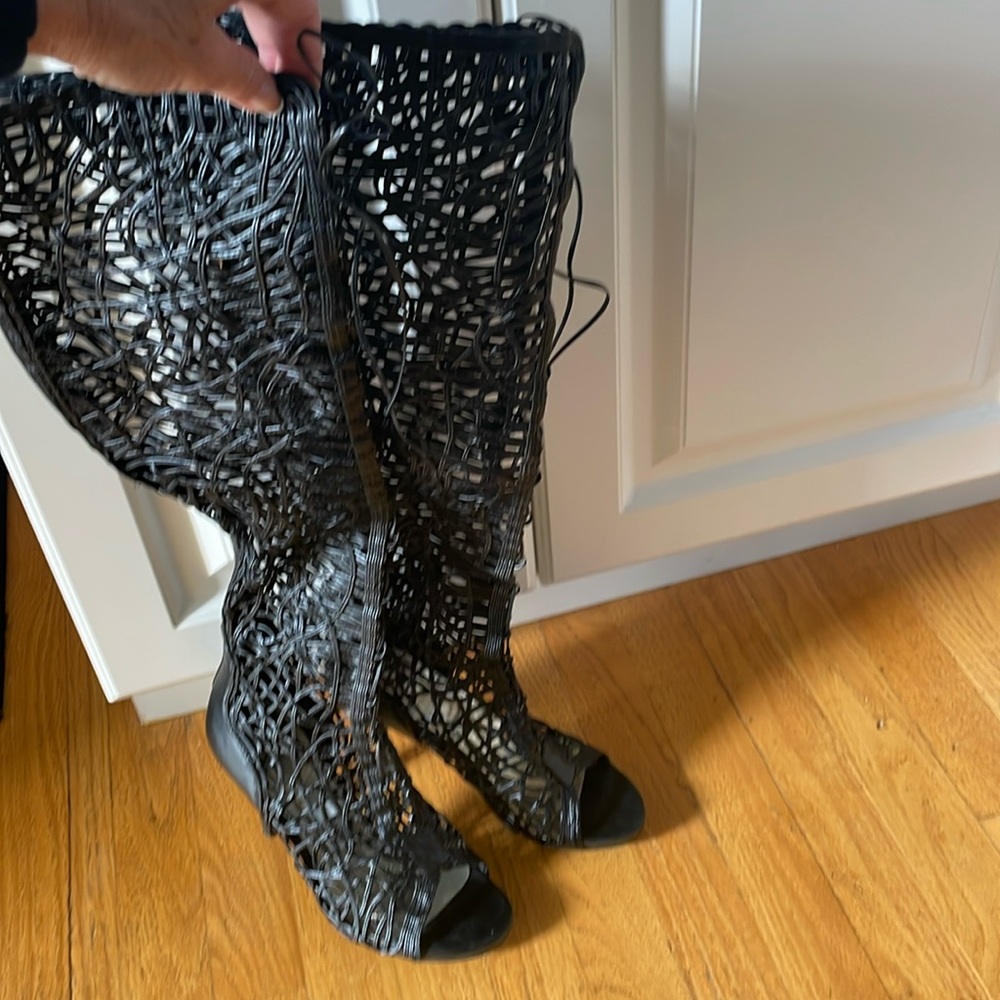 LFL by Lust for Life Black Lace Peep-Toe Heeled Boots
